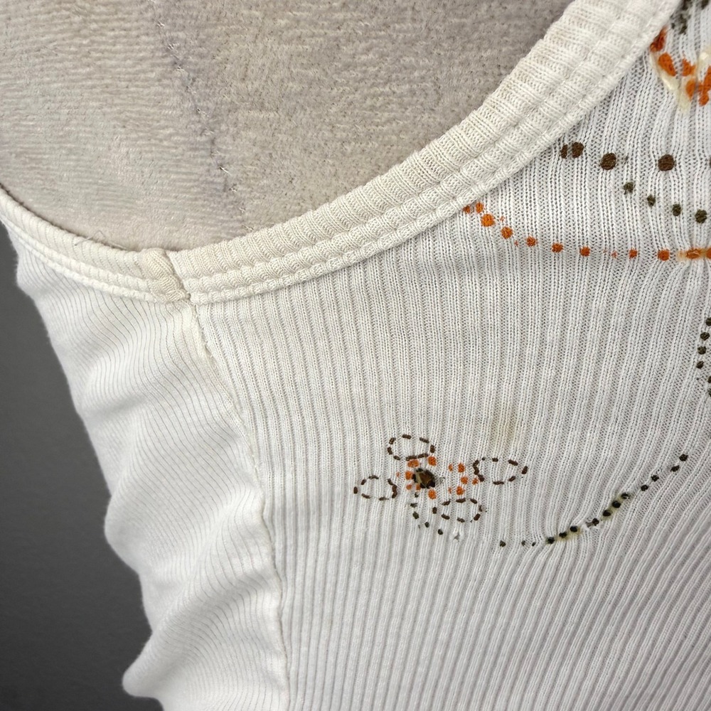 Y2K White Ribbed Sequin Graphic Tank Top Paisley Boho Scoop Neck Sleeveless - Picture 5 of 8